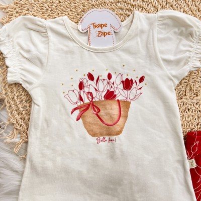  Conj. Blusa Bella Fiore e Calça Legging - Off White e Vermelho